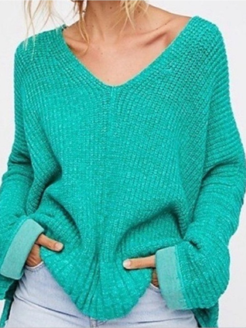 Free People Oversized Take Me Over V Neck Waffle Knot Lagenlook Sweater XS/S
